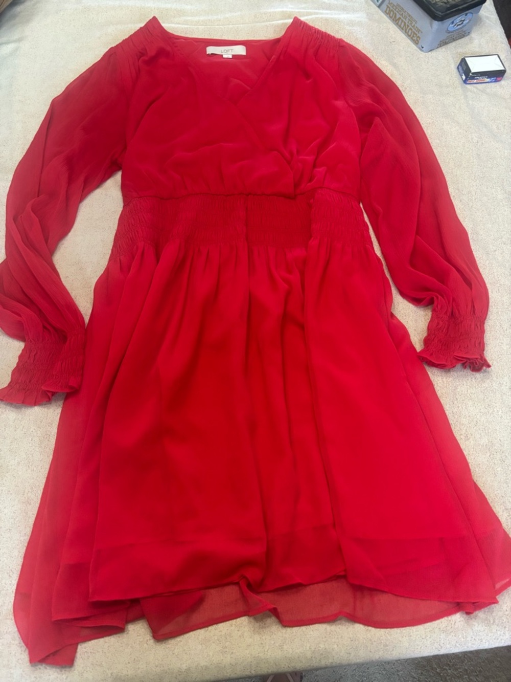 LOFT Womens Bright Red Long-Sleeve Smocked Waist Dress